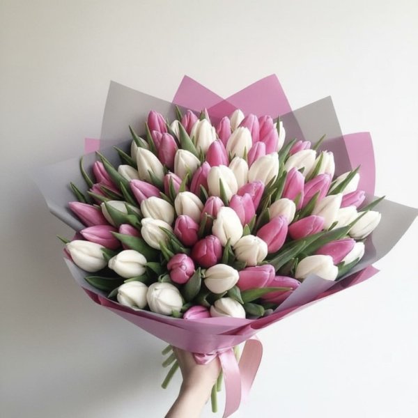 Extra veľká kytica 51 ružových a bielych tulipánov v elegantnom staroružovom papieri.